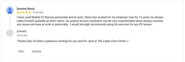 A 5 star testimonial from The Lakes Care Centre